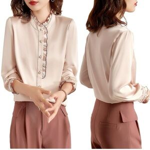 NWT Ounixue Cream Ruffle Blouse